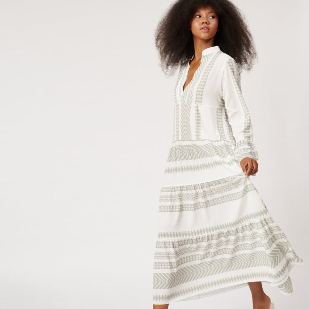 Silk & Salt Summer of Love Sage Green & White Maxi Dress, Long Sleeve, V-Neck - Picture 5 of 9